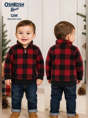OshKosh B’gosh Baby Boy 12M Buffalo Plaid Fleece Full Zip Jacket Red Black cabin